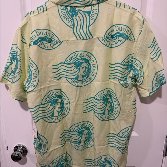 Duvin Long Hair Dont Care Button Up Hawaiian Shirt Mens Medium Yellow Green New - Picture 2 of 5